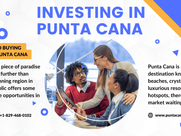 Featured image for the ultimate guide to Punta Cana real estate, showing a diverse group of investors discussing property options with an agent from Punta Cana Villa.