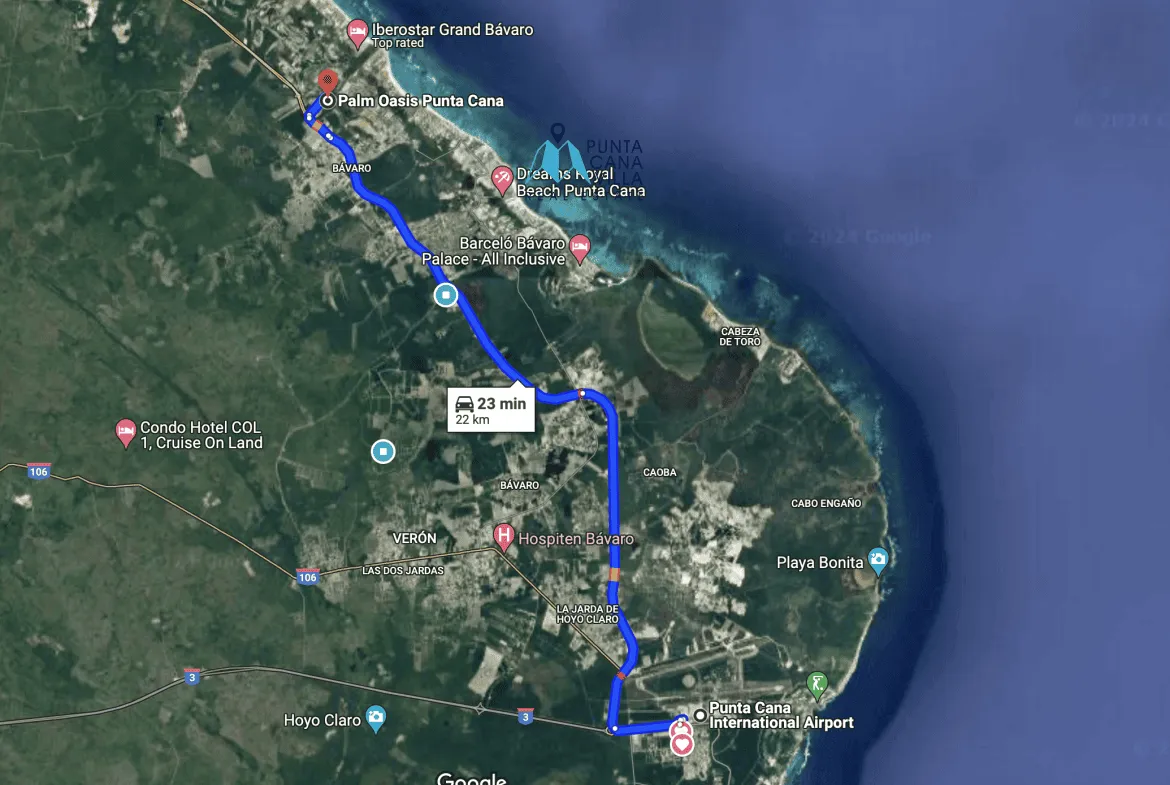 Map Palm Oasis condos to Punta Cana Airport