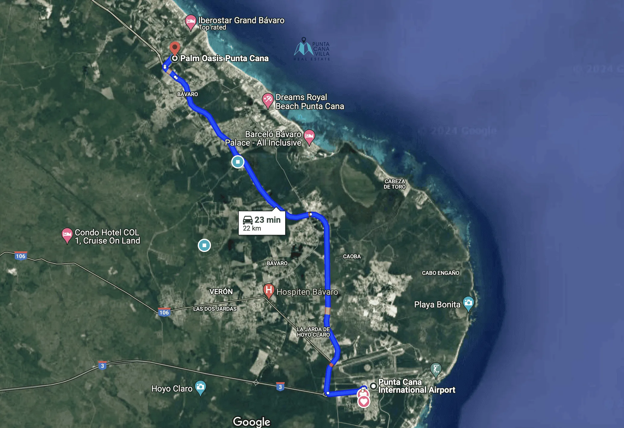 Map Palm Oasis condos to Punta Cana Airport