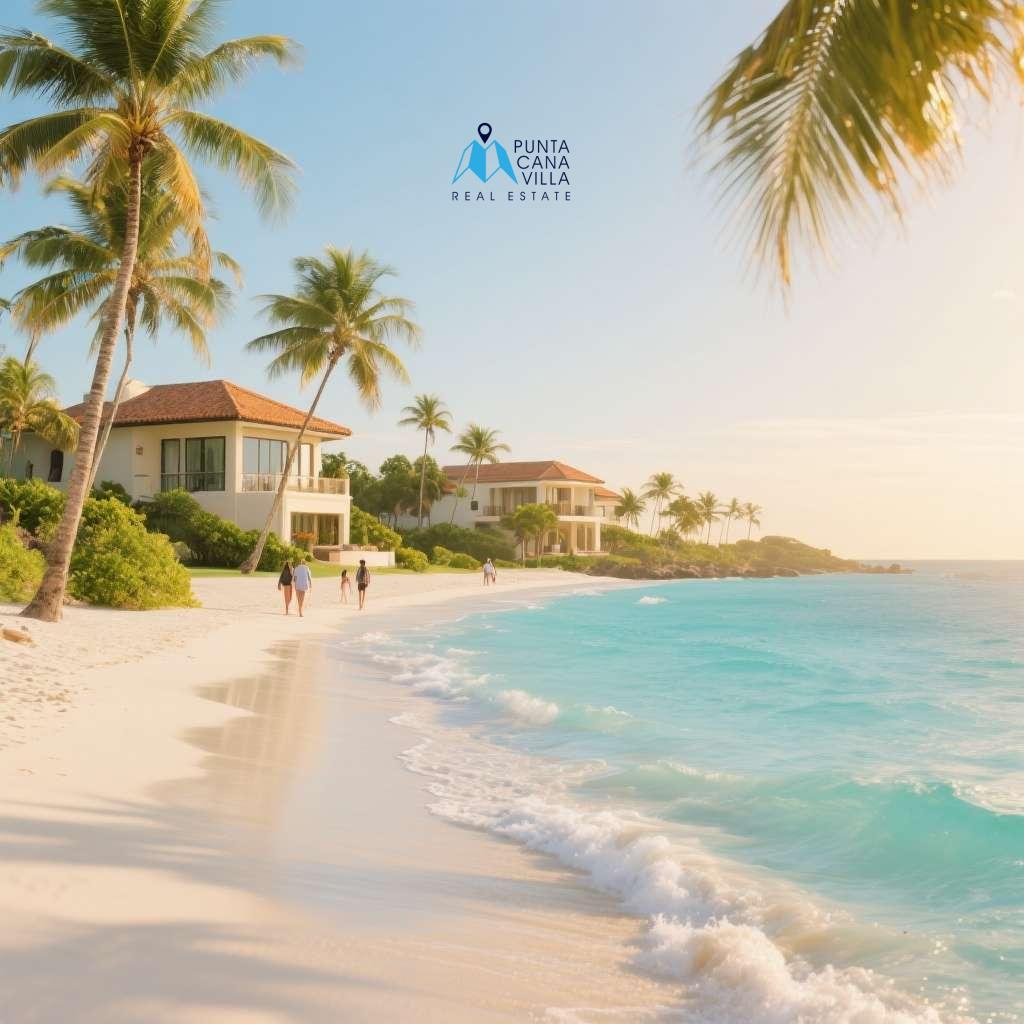 Scenic view of a tropical beach in Punta Cana, Dominican Republic, with a long stretch of white sand and vibrant blue ocean