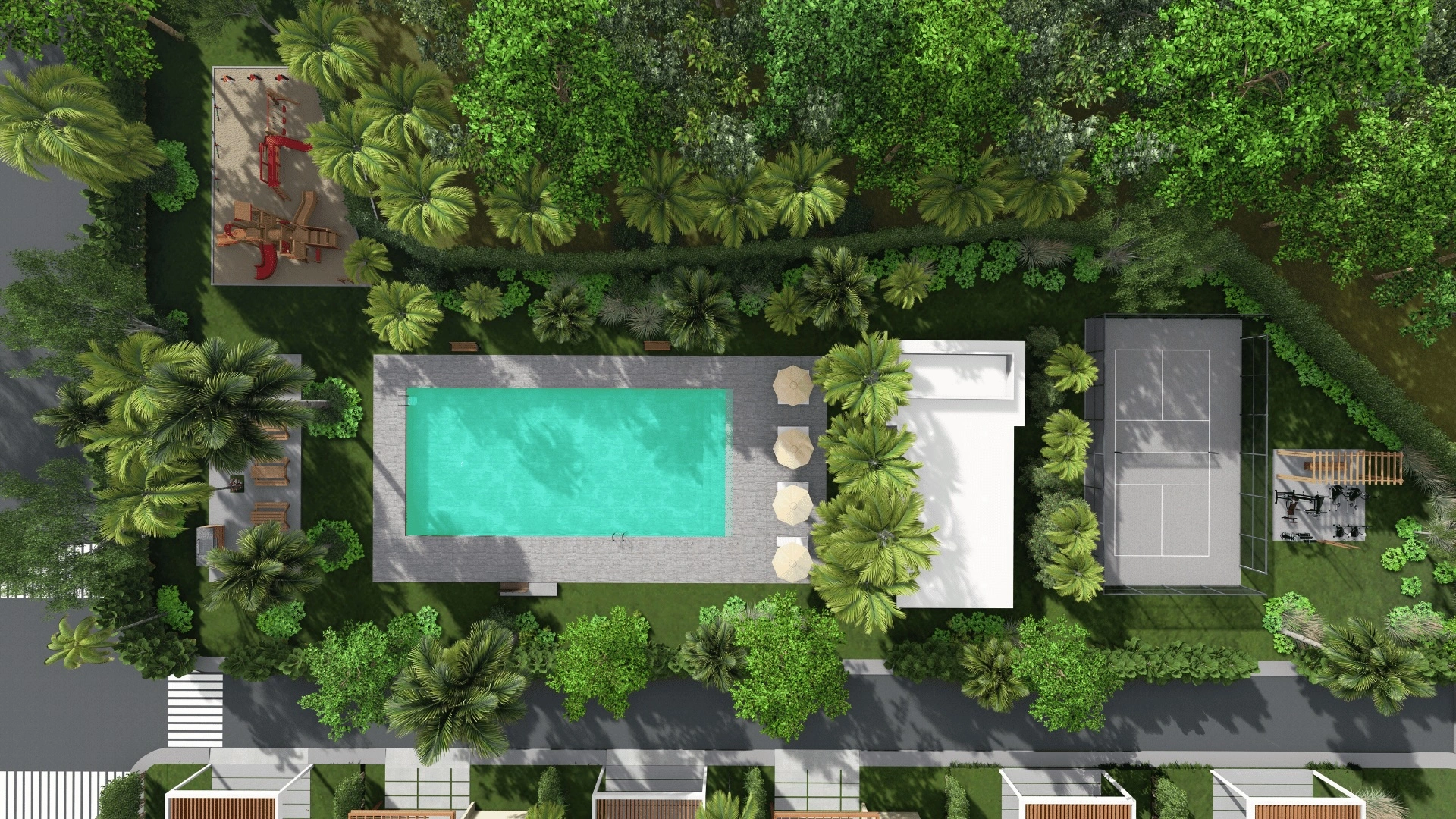 Vista aérea del área social de Villas Sole Mio en Macao, Punta Cana con piscina y amenidades