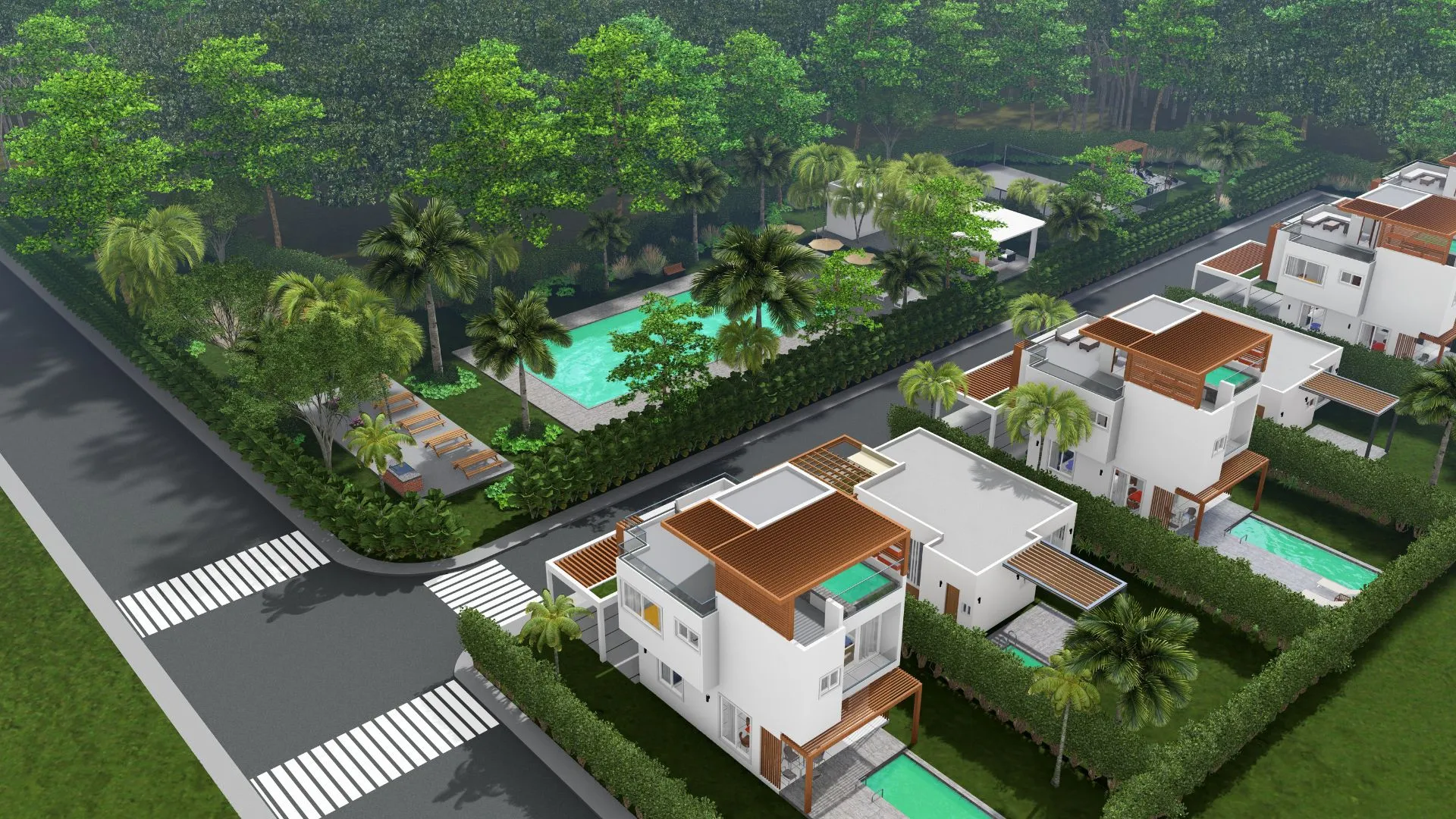 Sole Mio social area overview in Vista Cana, Punta Cana — pool, gazebo, walking paths and communal lounge