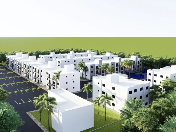 Modern one‑bedroom apartment with study at Gemini Residential, Veron — compact living space and gated community in Punta Cana.