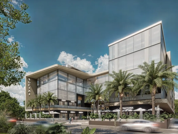 Exterior view of Social Business Center office building in Downtown Punta Cana with modern facade and street access.