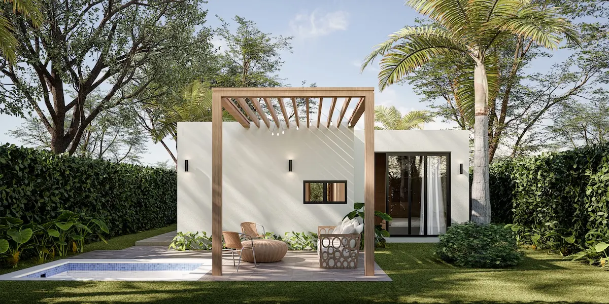 Backyard of Villas Sole Mio Type C 2 bedroom villa in Macao Beach Punta Cana with pergola terrace and plunge pool