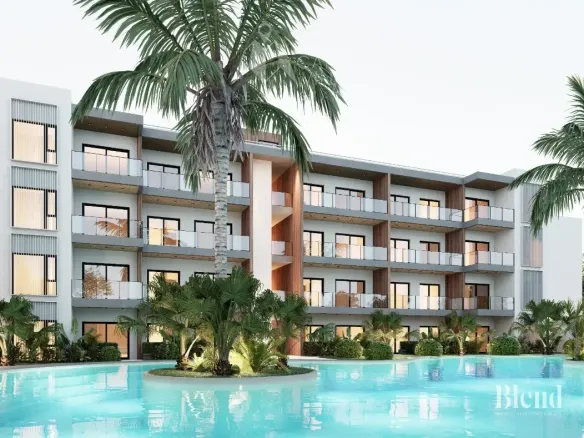 Blend Residences Studio Apartment for sale in Bayahibe La Romana with private balcony and artificial beach pool.
