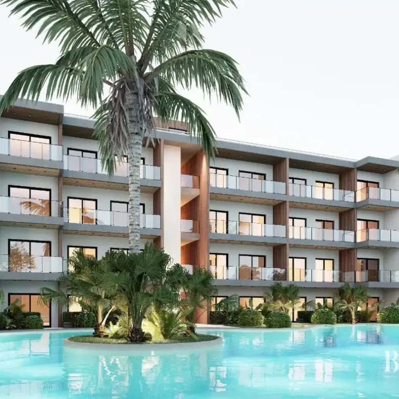 Blend Residences Studio Apartment for sale in Bayahibe La Romana with private balcony and artificial beach pool.