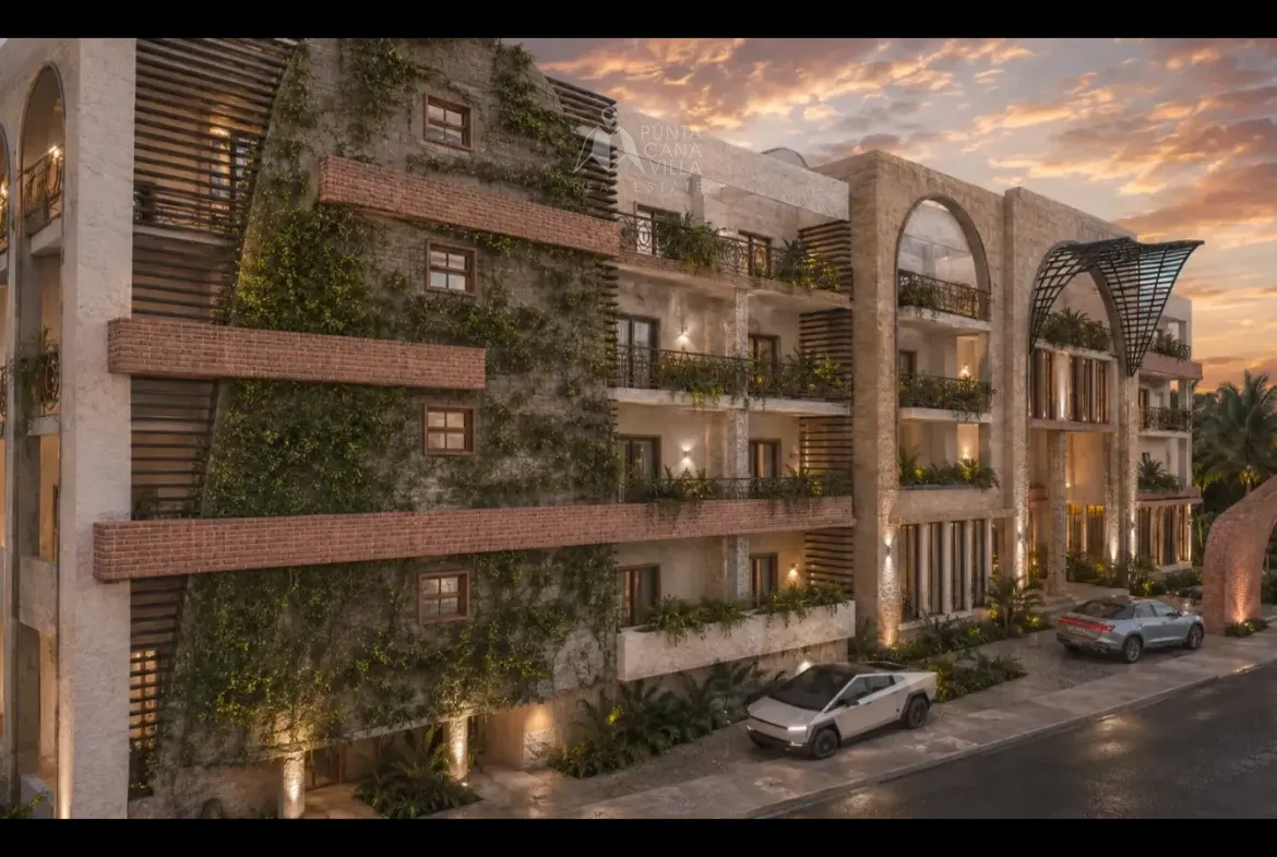 Modern exterior building view of the Belara Garden 2-Bedroom Cap Cana apartment complex